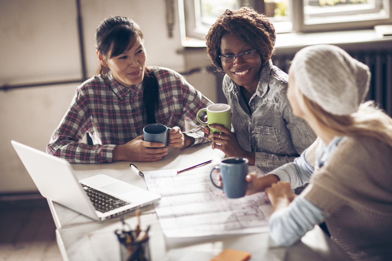 workers meeting, talking with coffee